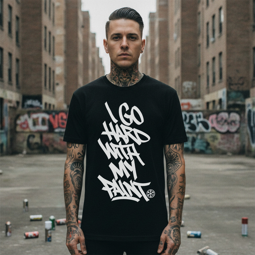 Black-I Go Hard With My Paint Graffiti Tee from B.Different Clothing, male model, graffiti-inspired streetwear t-shirt