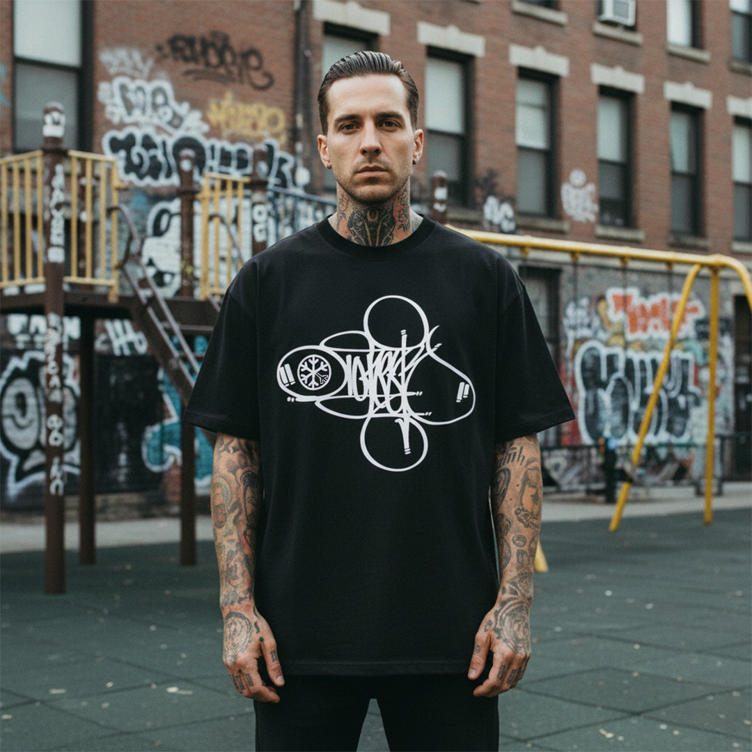 Black-Loner Tag Tee by Graffiti Dad from B.Different Clothing, male model, graffiti-inspired streetwear, oversized heavyweight t-shirt