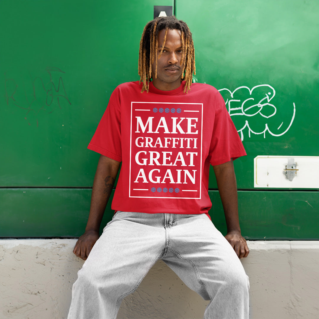 Red-Make Graffiti Great Again Tee from B.Different Clothing, male model, graffiti-inspired streetwear t-shirt