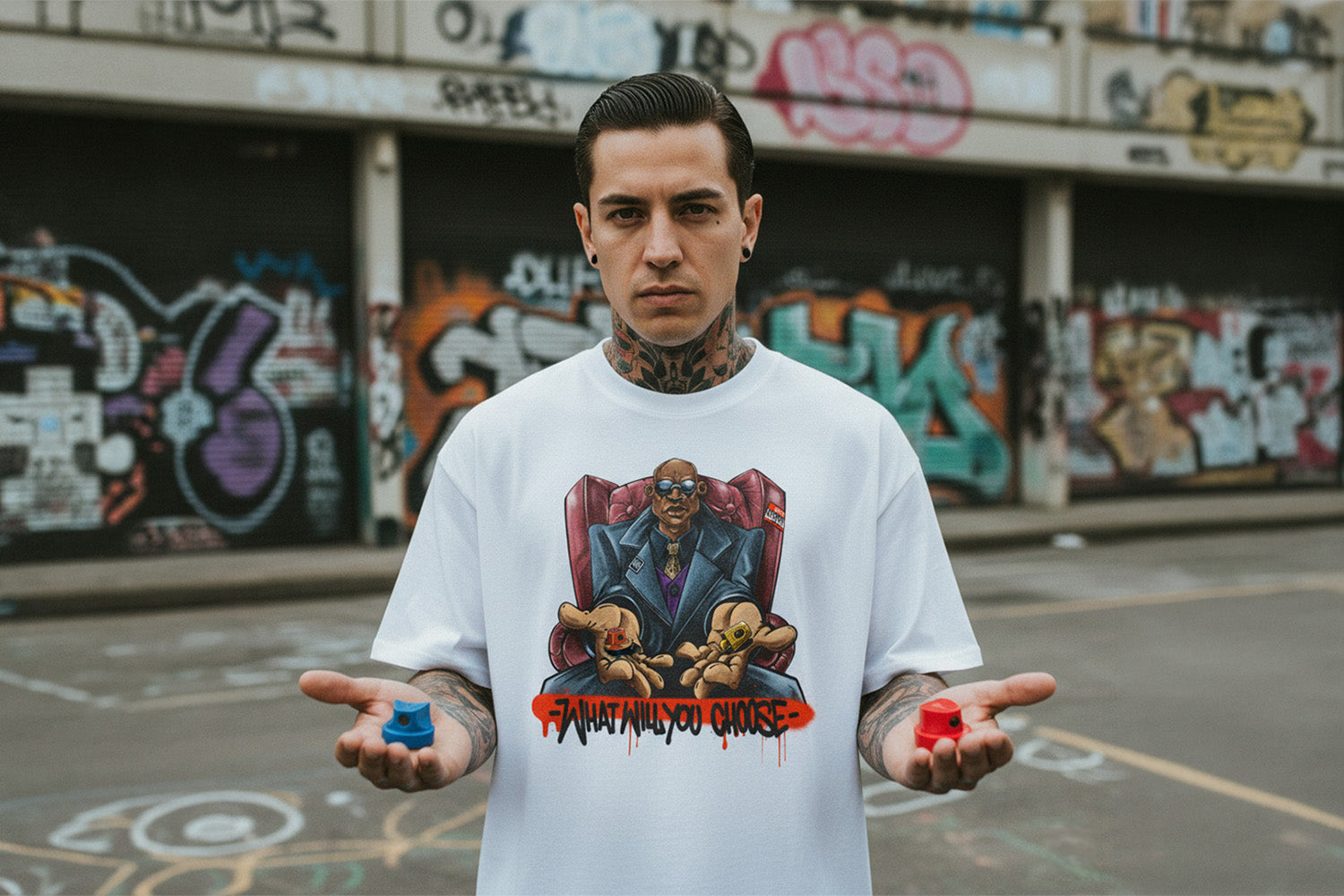 Man wearing Make Your Choice Tee by Trk One from B.Different Clothing, graffiti-inspired streetwear