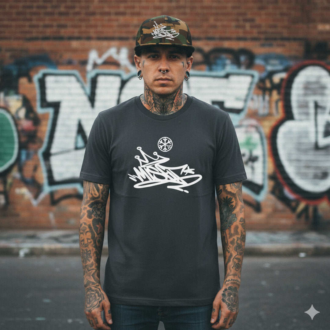 Camo-Misfit Graffiti Tag Snapback Hat from B.Different Clothing, male model, graffiti-inspired streetwear