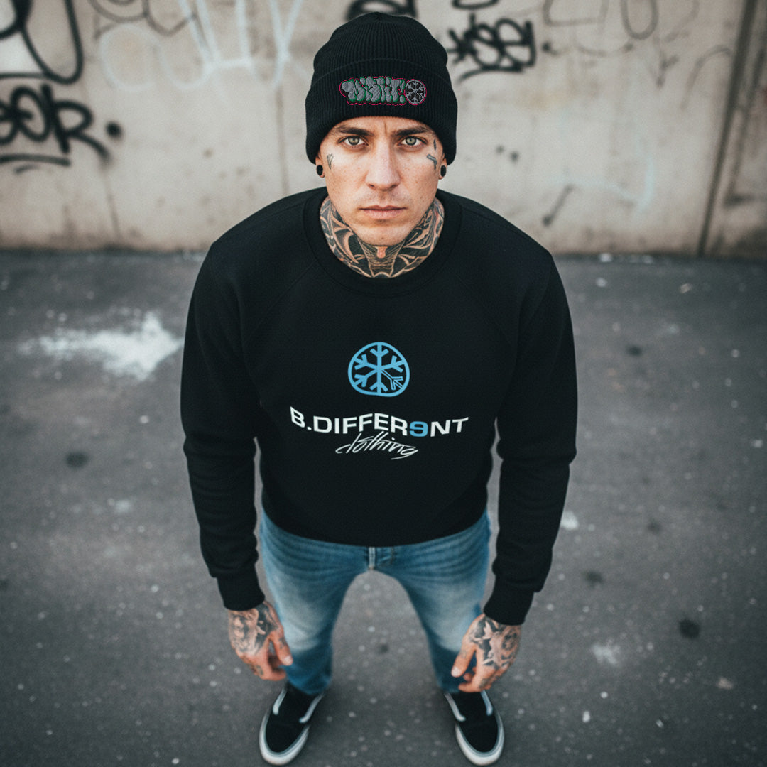 Black-Misfit Graffiti Throwie Beanie Hat from B.Different Clothing, male model, graffiti-inspired streetwear