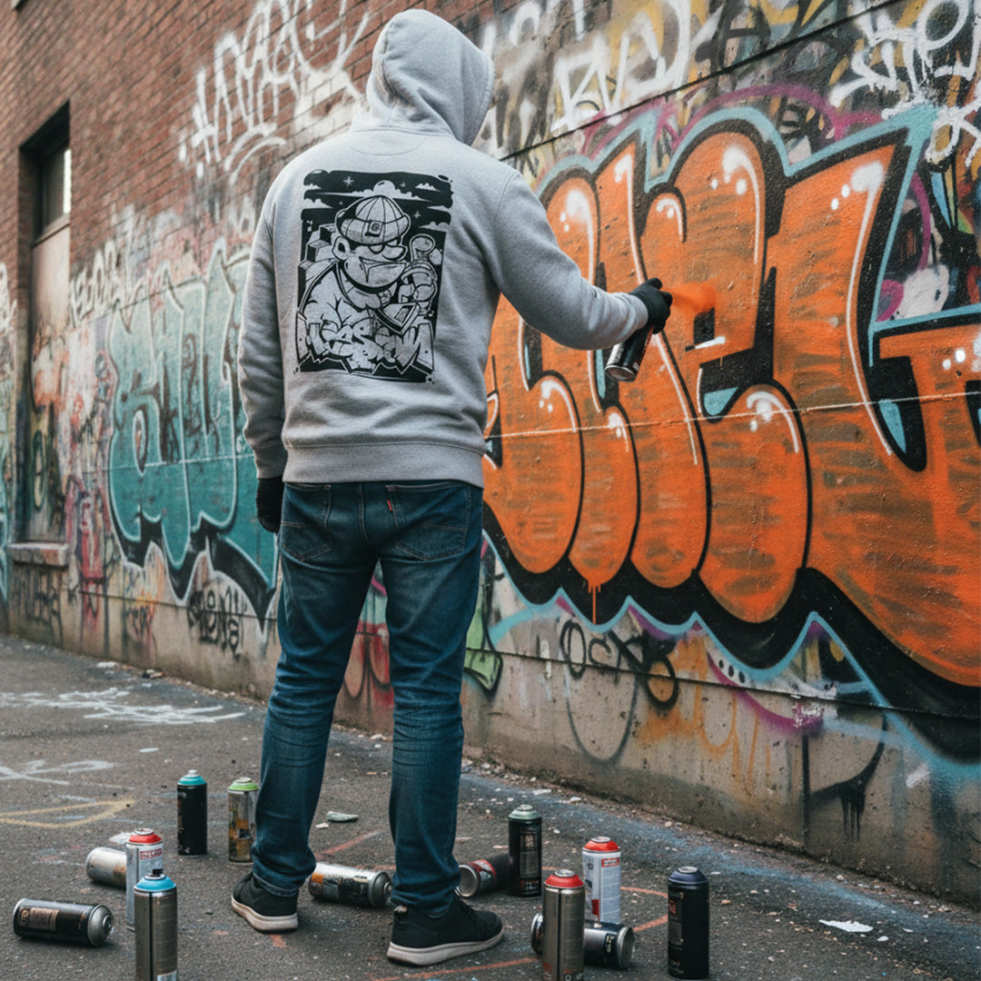 Gray-Graffiti artist wearing Mission Graffiti Character Hoodie by B.Different Clothing, graffiti-inspired streetwear