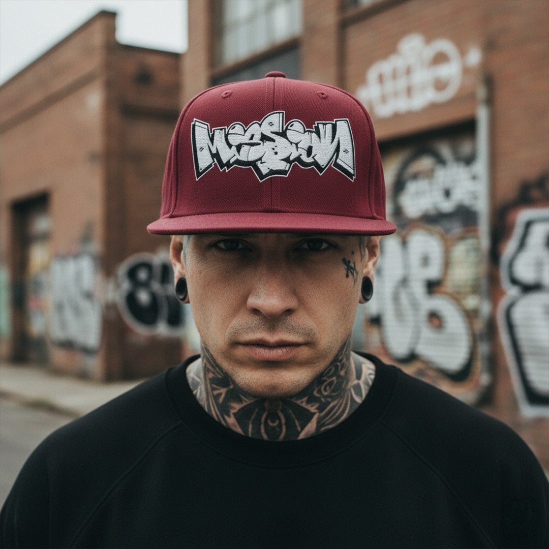 Maroon-Mission Graffiti Piece Snapback Hat from B.Different Clothing, male model, graffiti-inspired streetwear
