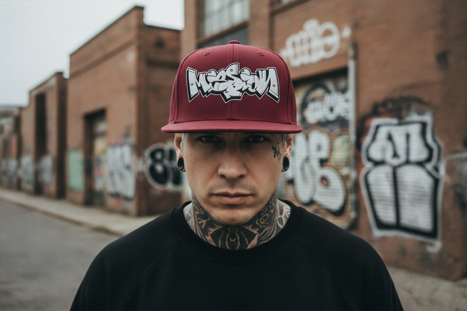 Man wearing Mission Graffiti Piece Snapback Hat from B.Different Clothing, graffiti-inspired streetwear