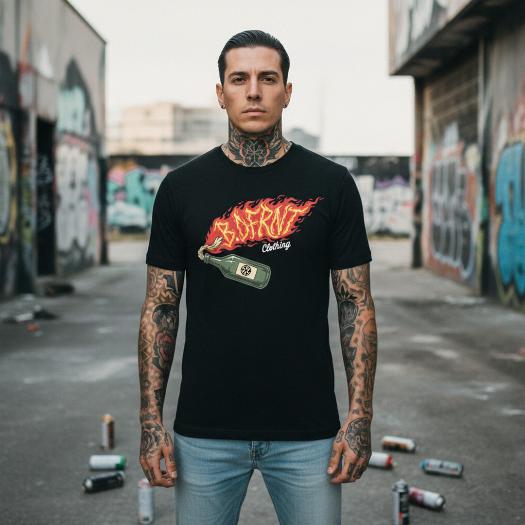 Black-Molotov Graffiti Tee from B.Different Clothing, male model, graffiti-inspired streetwear t-shirt