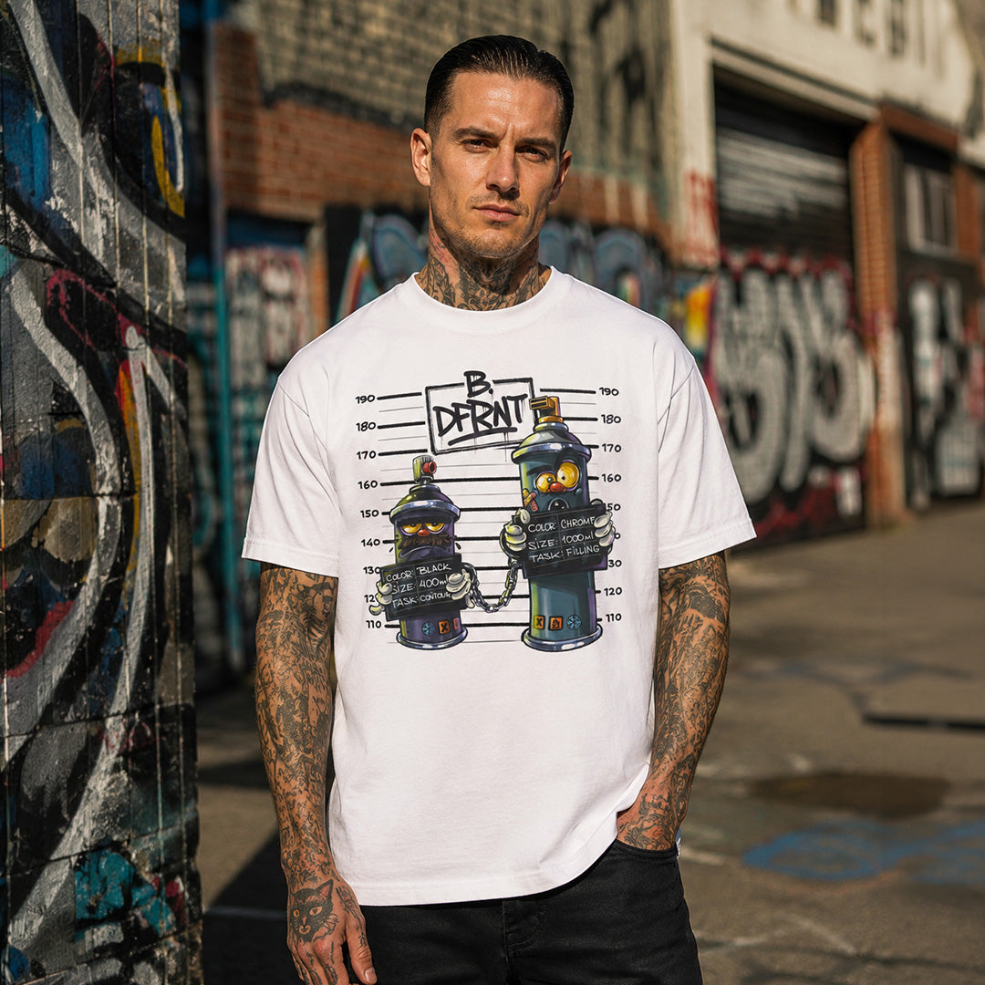 White-Mug Short Graffiti Tee by Trk One from B.Different Clothing, male model, graffiti-inspired streetwear, oversized heavyweight t-shirt