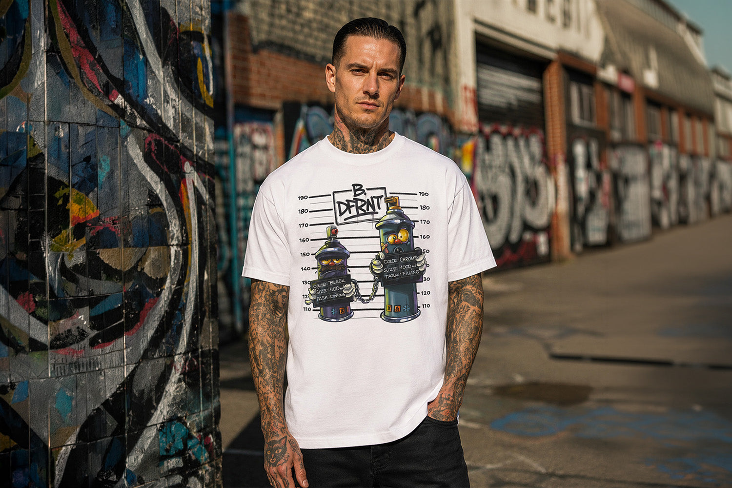 Man wearing Mug Shot Graffiti Tee by Trk One from B.Different Clothing, graffiti-inspired streetwear