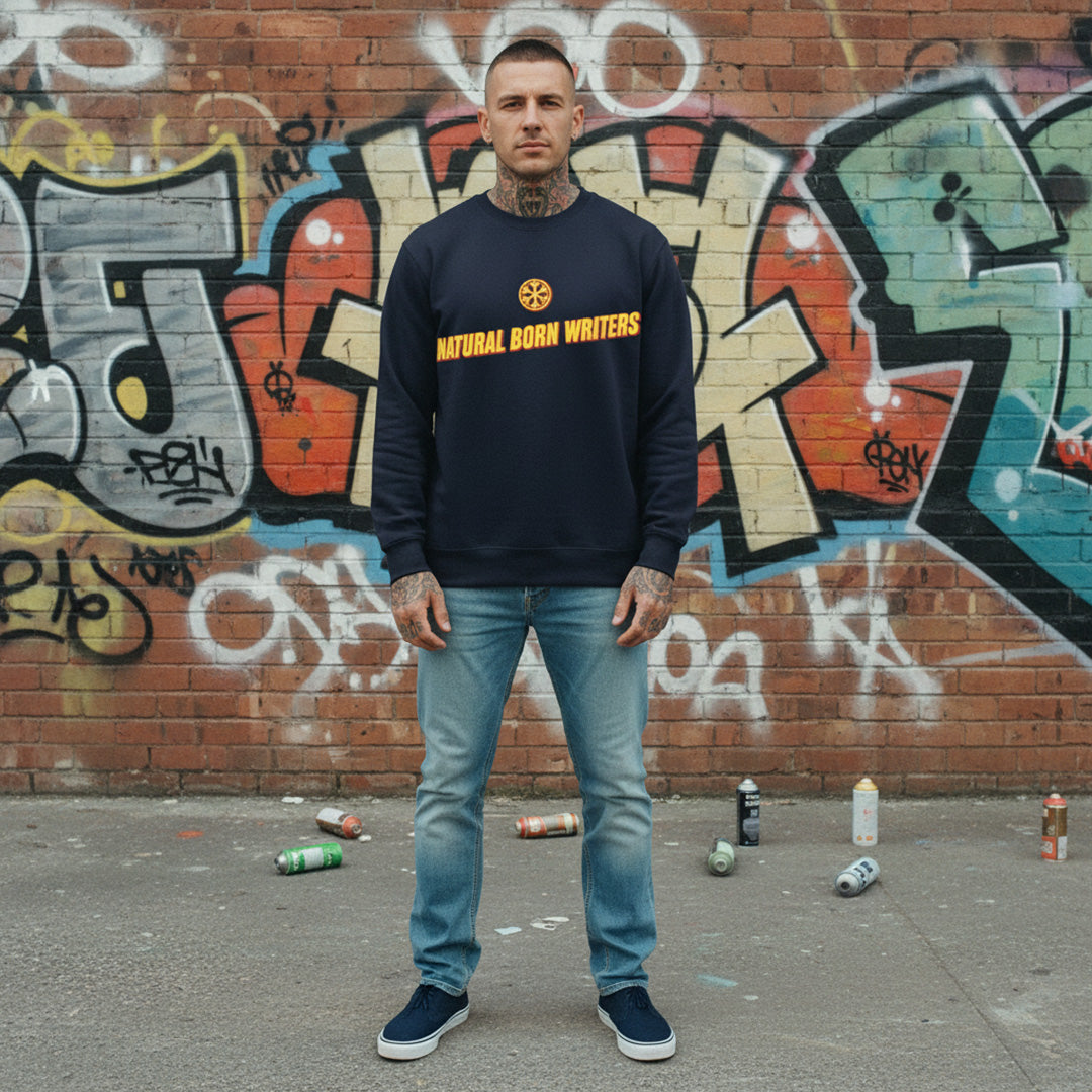 Navy-Natural Born Writers Graffiti Sweatshirt from B.Different Clothing, male model, graffiti-inspired streetwear
