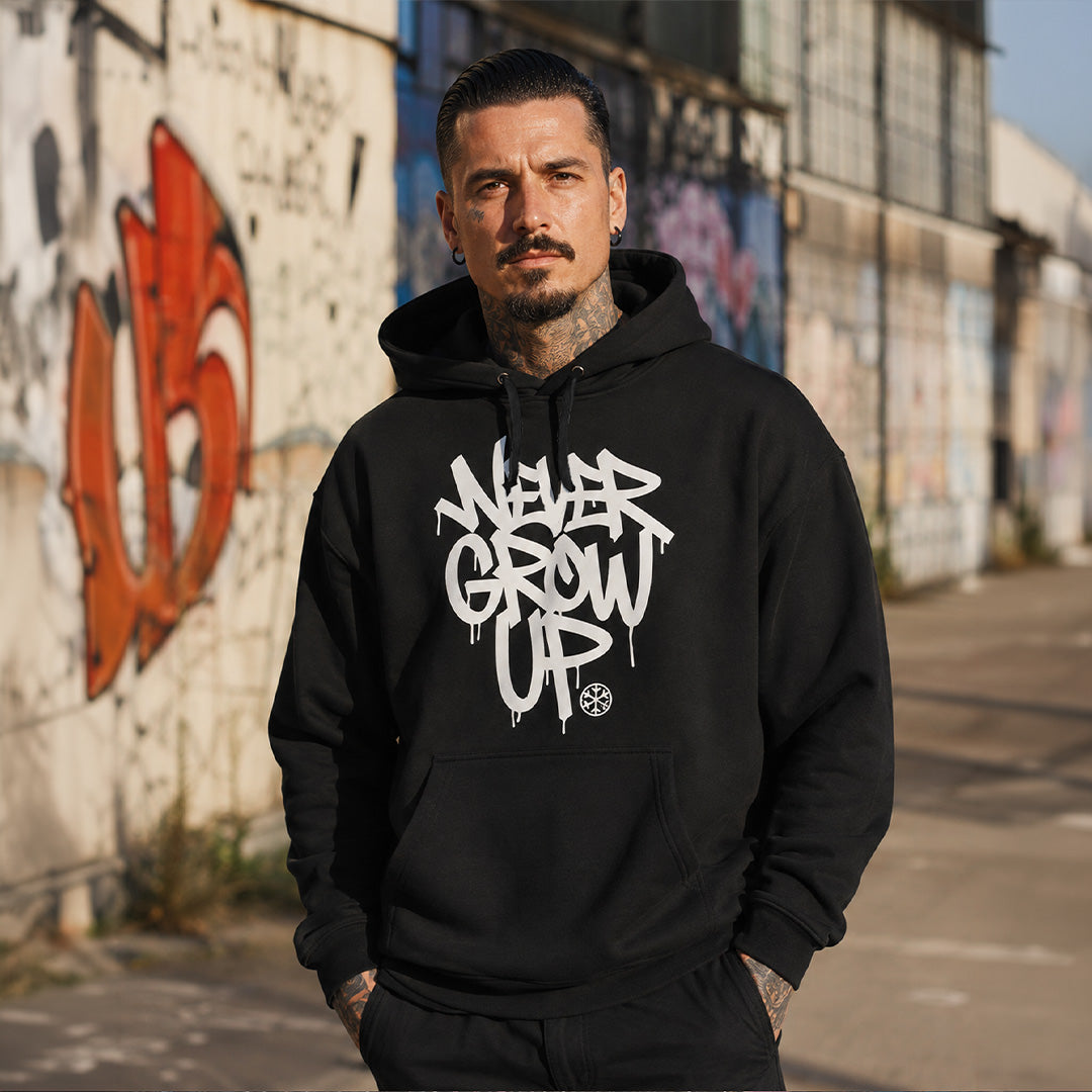 Black-Never Grow Up Graffiti Hoodie from B.Different Clothing, male model, graffiti-inspired streetwear