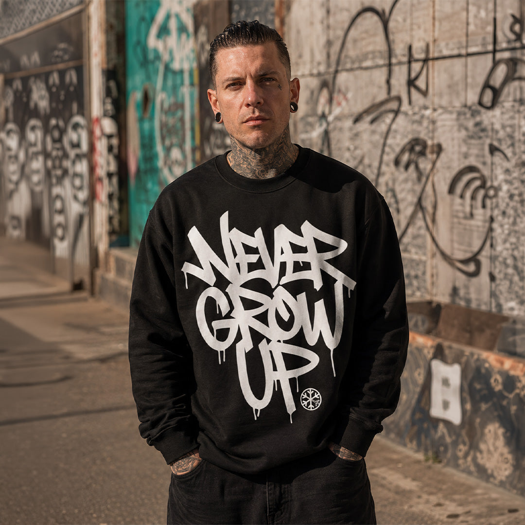 Black-Never Grow Up Graffiti Sweatshirt from B.Different Clothing, male model, graffiti-inspired streetwear