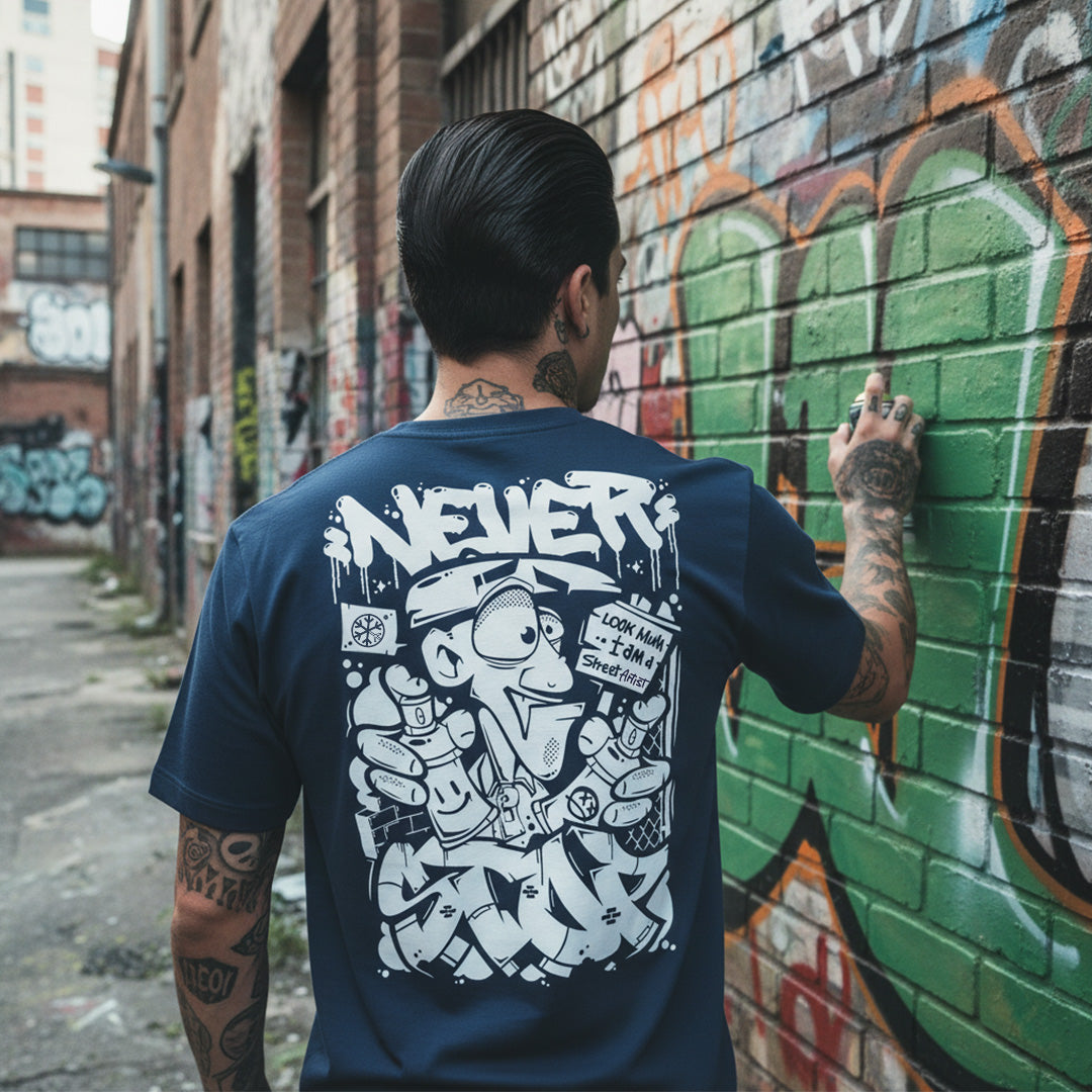 Navy-Never Stop Graffiti Character Tee from B.Different Clothing, male model, graffiti-inspired streetwear t-shirt