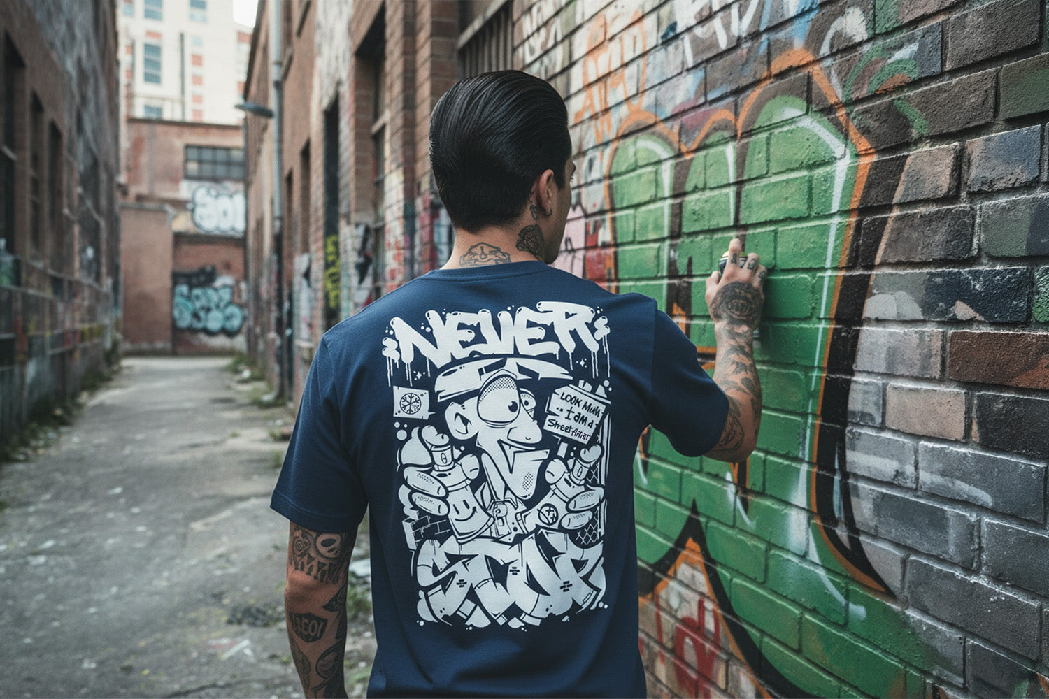 Man wearing Never Stop Graffiti Character Tee from B.Different Clothing, graffiti-inspired streetwear
