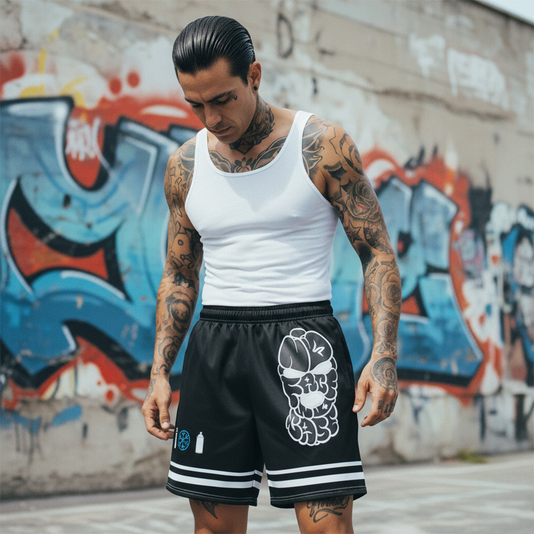 Black-No Face No Case Graffiti Throwie Shorts from B.Different Clothing, male model, graffiti-inspired streetwear