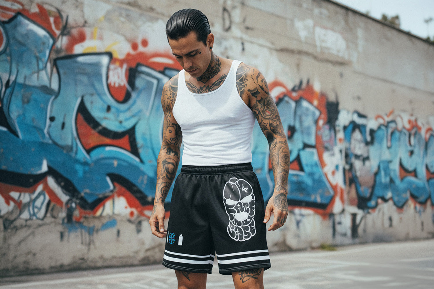 Man wearing No Face No Case Graffiti Throwie Shorts by B.Different Clothing, graffiti-inspired streetwear