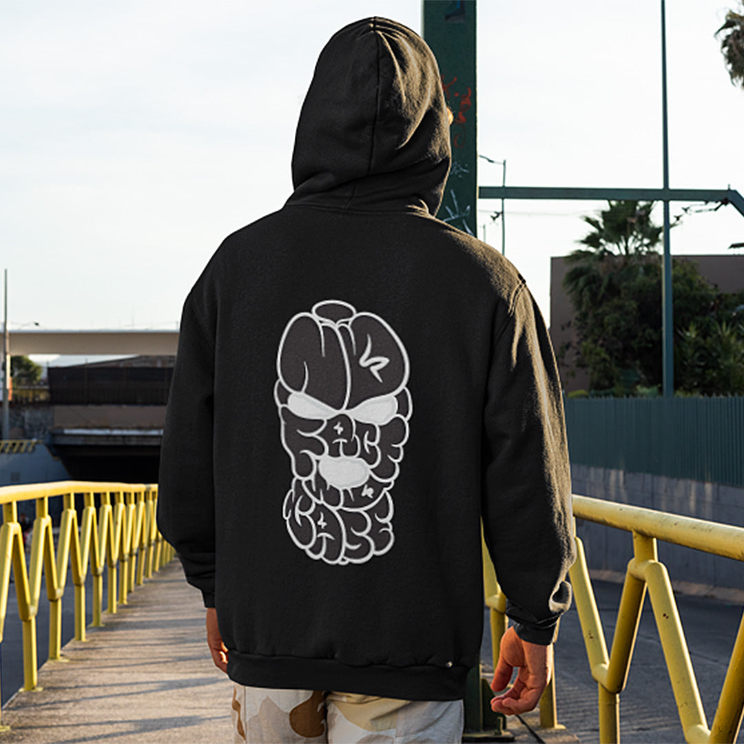 back of man wearing no face no case throwie hoodie by b.different clothing graffiti street art inspired independent streetwear for weirdos, outsiders, and misfits.