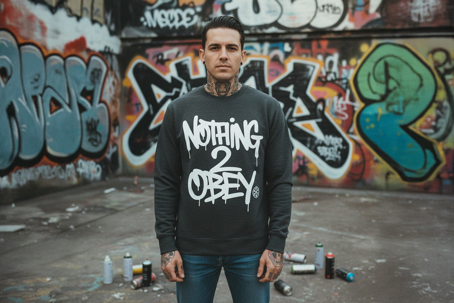 Man wearing Nothing 2 Obey Graffiti Sweatshirt by B.Different Clothing, graffiti-inspired streetwear brand