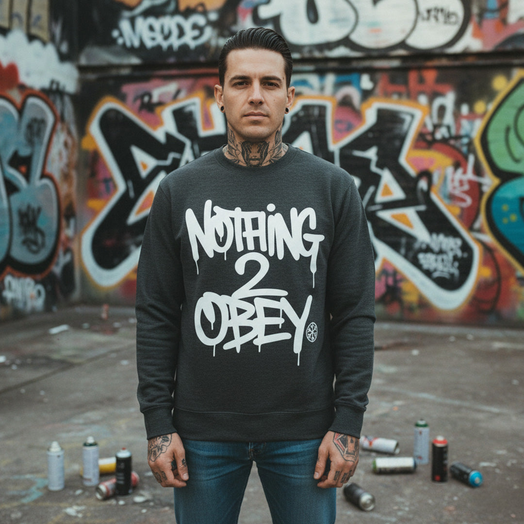 Darkgray-Nothing 2 Obey Graffiti Sweatshirt from B.Different Clothing, male model, graffiti-inspired streetwear