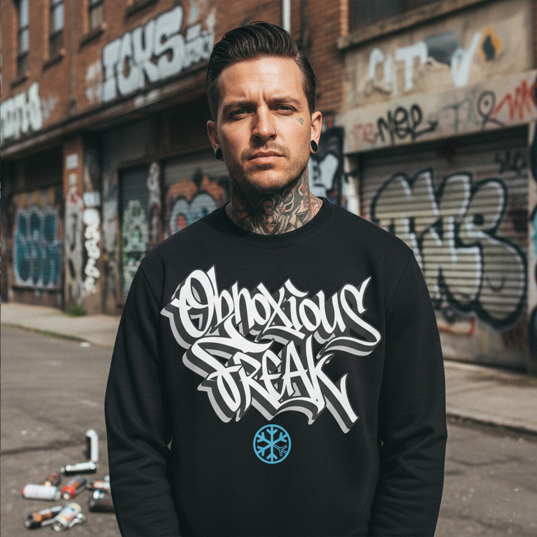 Black-Obnoxious Freak Graffiti Sweatshirt from B.Different Clothing, male model, graffiti-inspired streetwear
