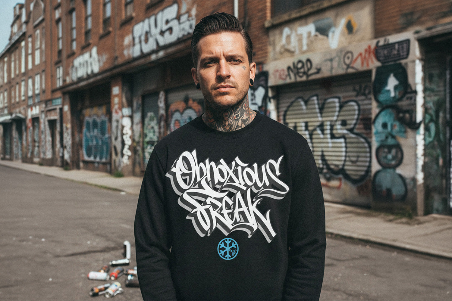 Man wearing Obnoxious Freak Graffiti Sweatshirt from B.Different Clothing, graffiti-inspired streetwear