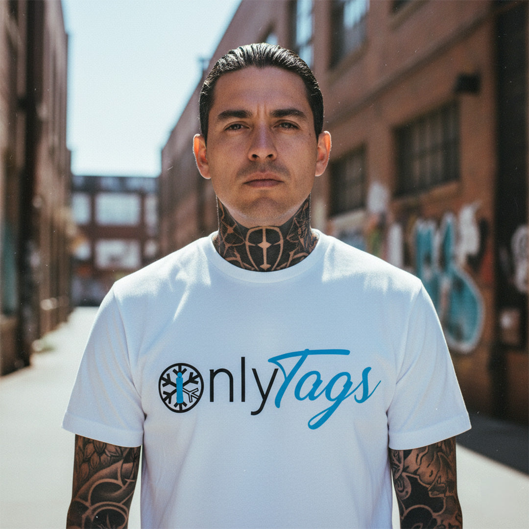 White-Only Tags Graffiti Tee from B.Different Clothing, male model, graffiti-inspired streetwear t-shirt