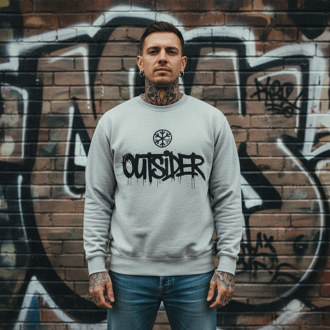 Gray-Outsider Graffiti Tag Sweatshirt from B.Different Clothing, male model, graffiti-inspired streetwear