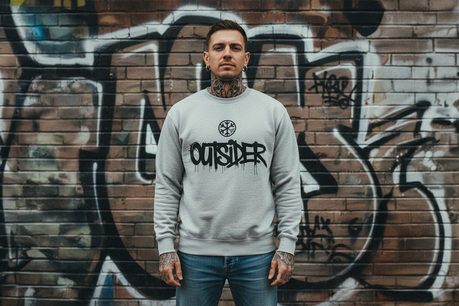 Man wearing Outsider Graffiti Tag Sweatshirt from B.Different Clothing, graffiti-inspired streetwear