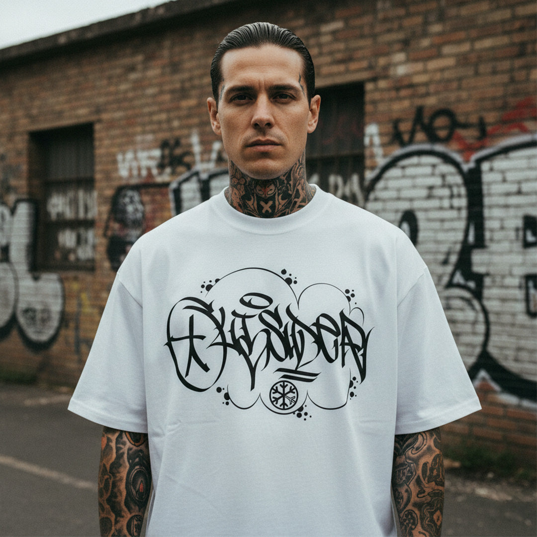 White-Outsider Graffiti Tag Tee by Caos One from B.Different Clothing, male model, graffiti-inspired streetwear, oversized heavyweight t-shirt