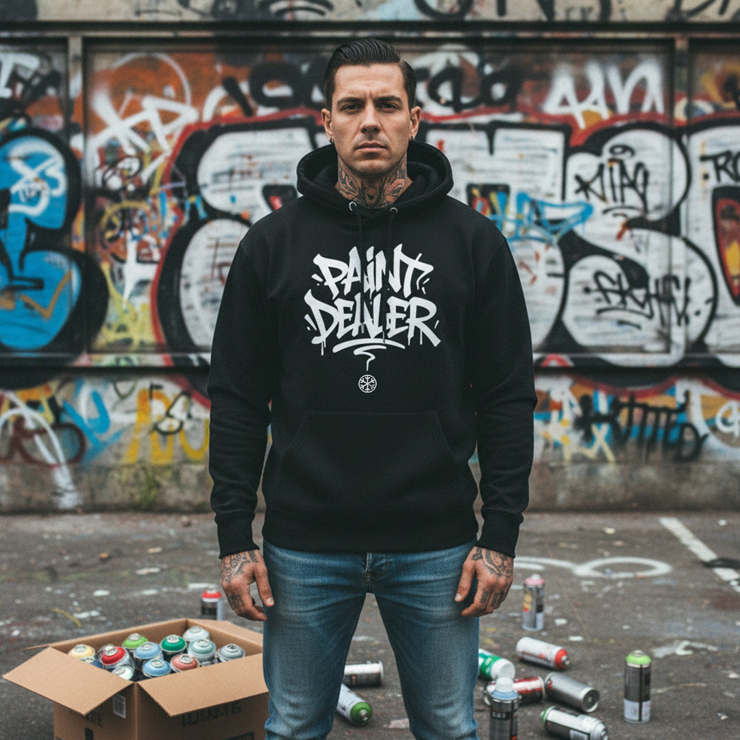 Black-Paint Dealer Graffiti Tag Hoodie from B.Different Clothing, male model, graffiti-inspired streetwear