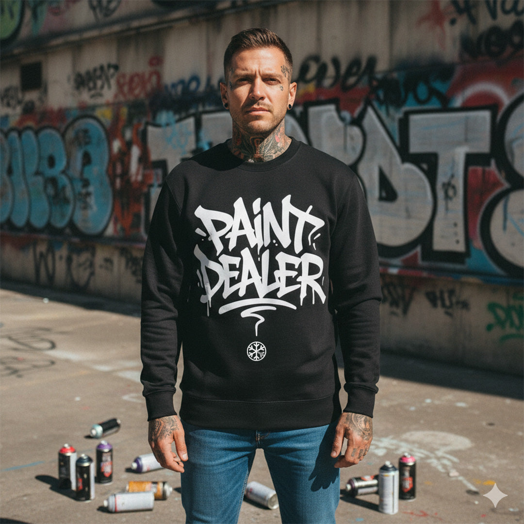 Black-Paint Dealer Graffiti Tag Sweatshirt from B.Different Clothing, male model, graffiti-inspired streetwear