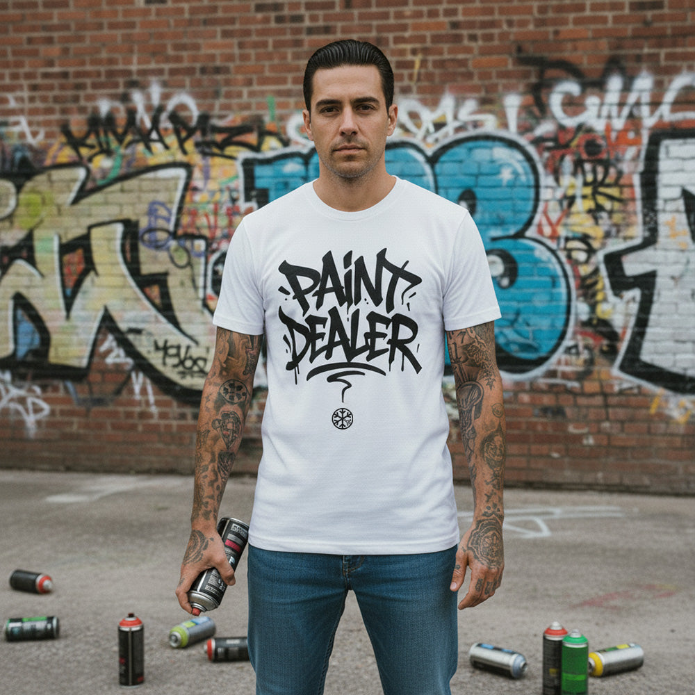 White-Paint Dealer Graffiti Tag Tee from B.Different Clothing, male model, graffiti-inspired streetwear t-shirt