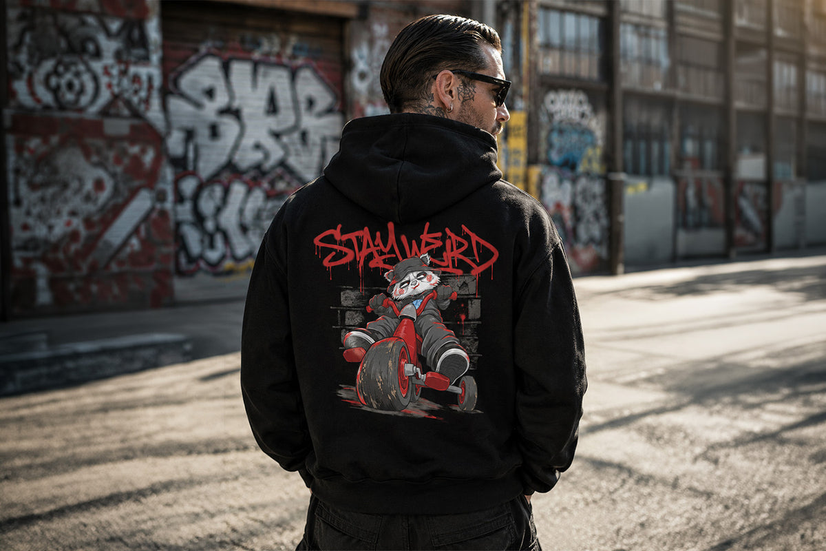 Man wearing Raks The Puppet Graffiti Hoodie from B.Different Clothing, graffiti-inspired streetwear