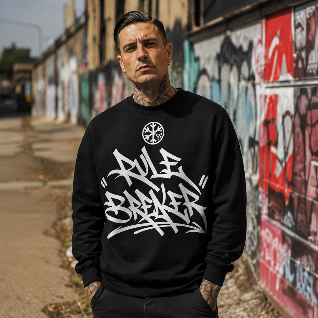 Black-Rule Breaker Graffiti Tag Sweatshirt from B.Different Clothing, 
male model, graffiti-inspired streetwear