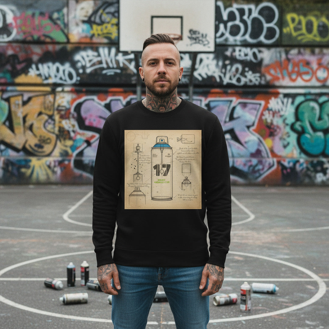 Black-Spray Can Sketch Graffiti Sweatshirt from B.Different Clothing, male model, graffiti-inspired streetwear