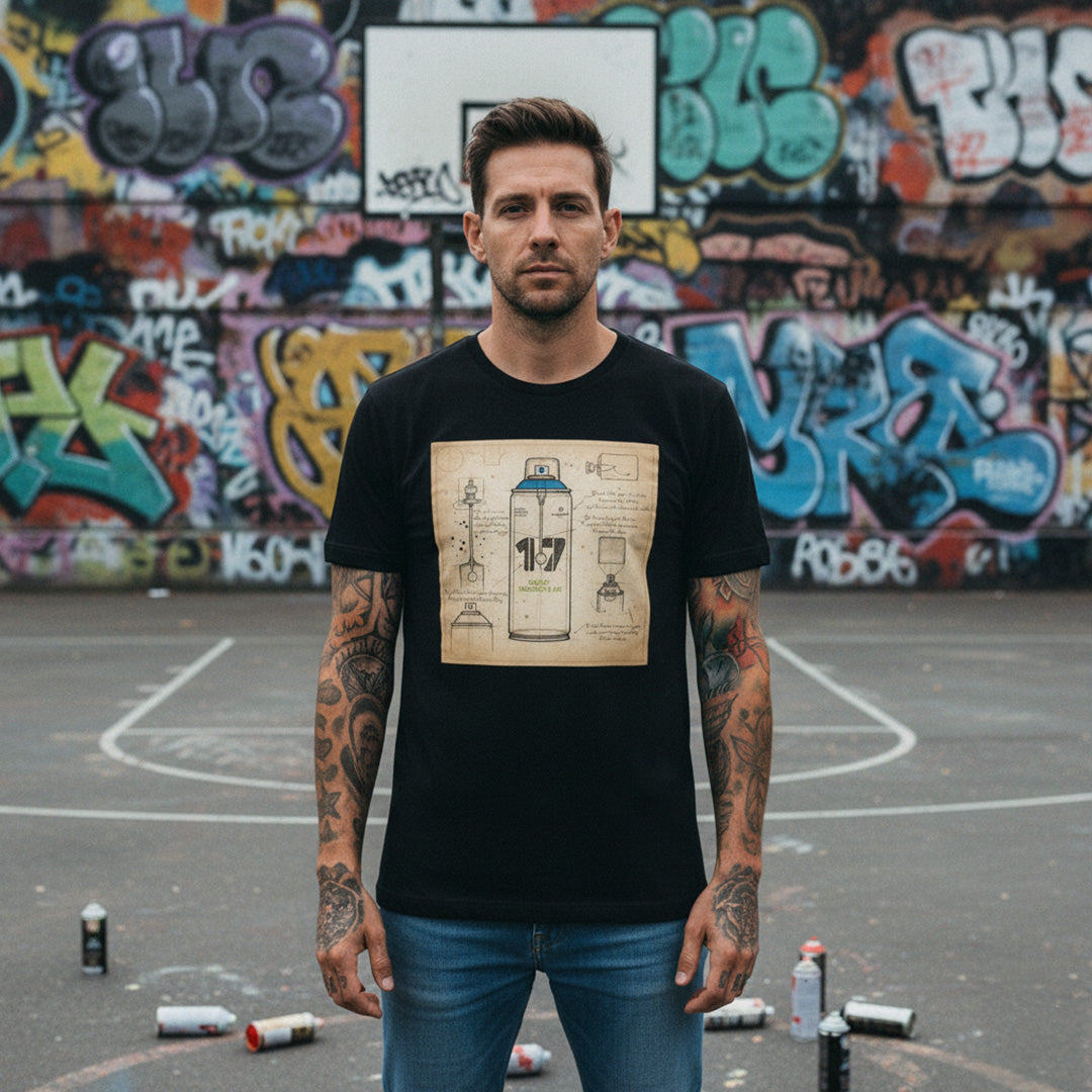 Black-Spray Can Sketch Graffiti Tee from B.Different Clothing, male model, graffiti-inspired streetwear t-shirt