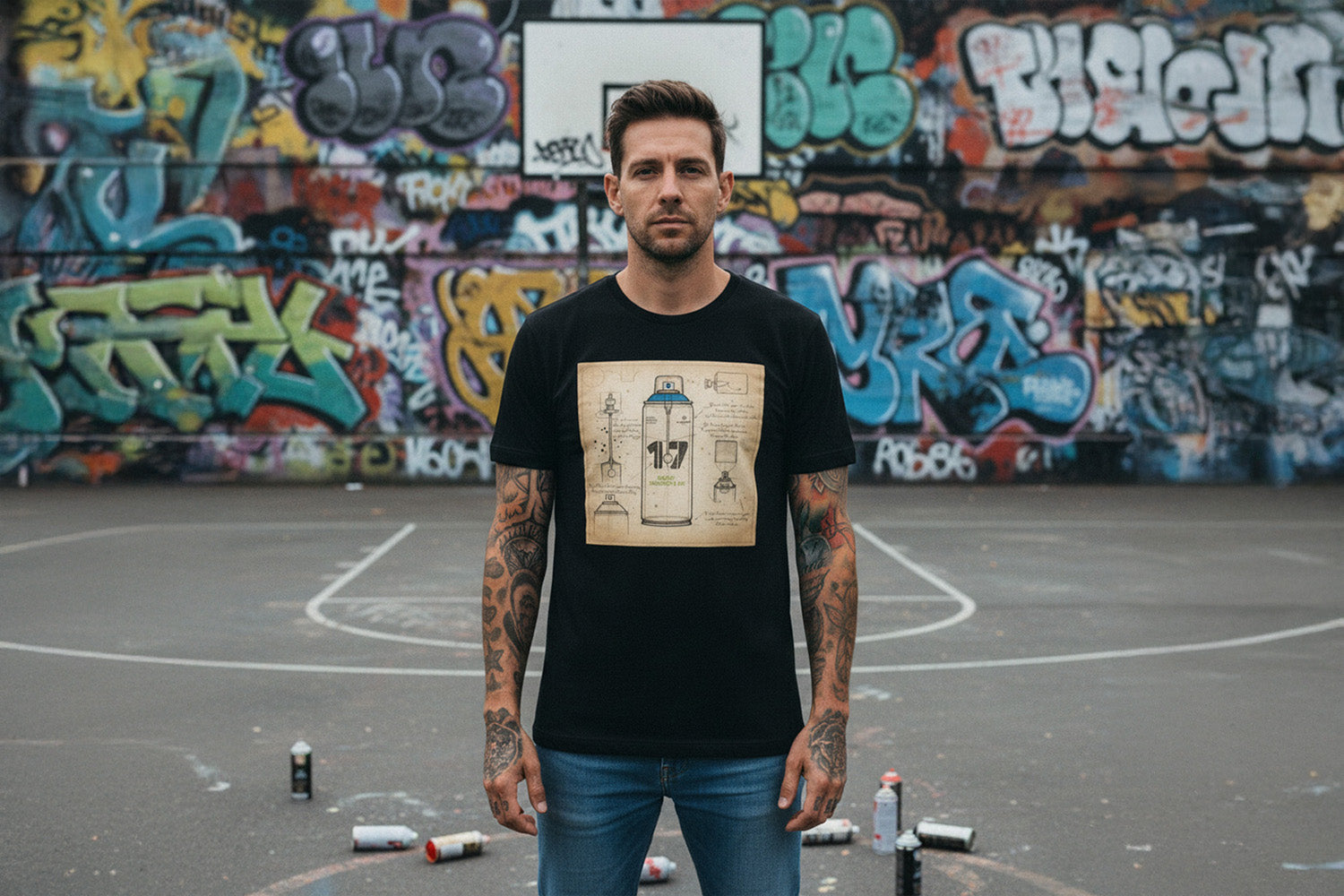 Man wearing Spray Can Sketch Graffiti Tee by B.Different Clothing, graffiti-inspired streetwear brand