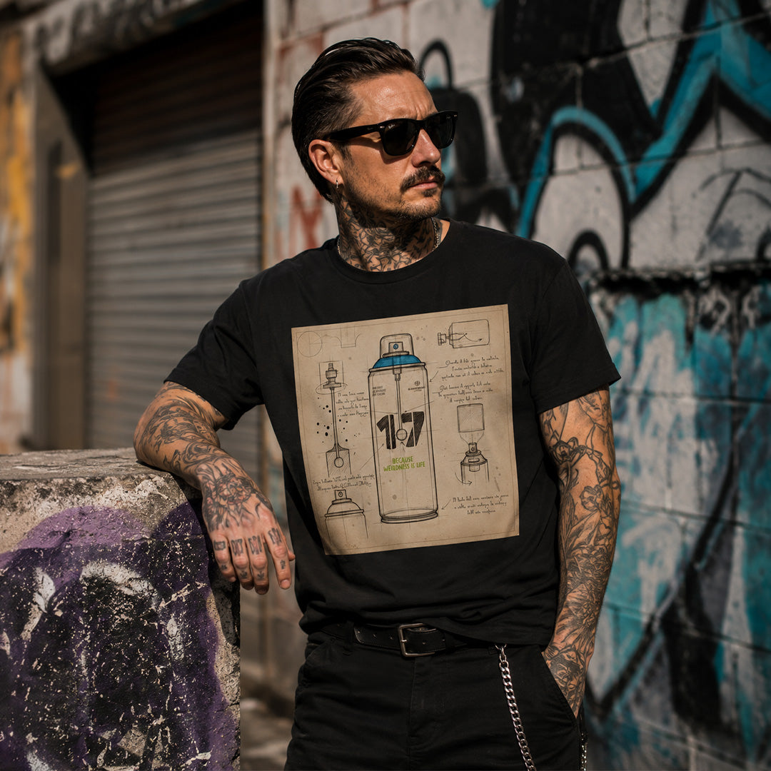 Black-Spray Can Sketch Graffiti Tee from B.Different Clothing, male model, graffiti-inspired streetwear t-shirt
