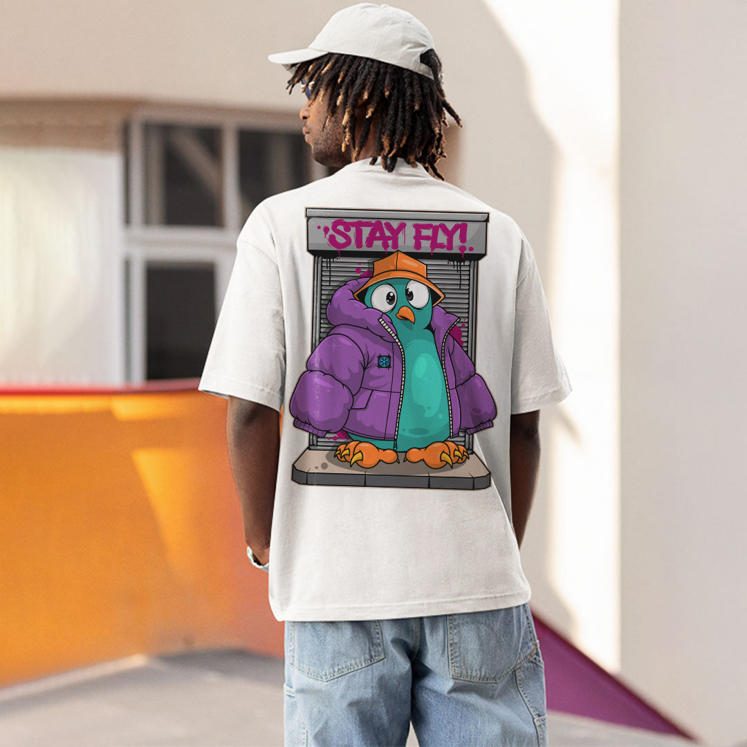 White-Stay Fly Graffiti Character Tee from B.Different Clothing, male model, graffiti-inspired streetwear t-shirt
