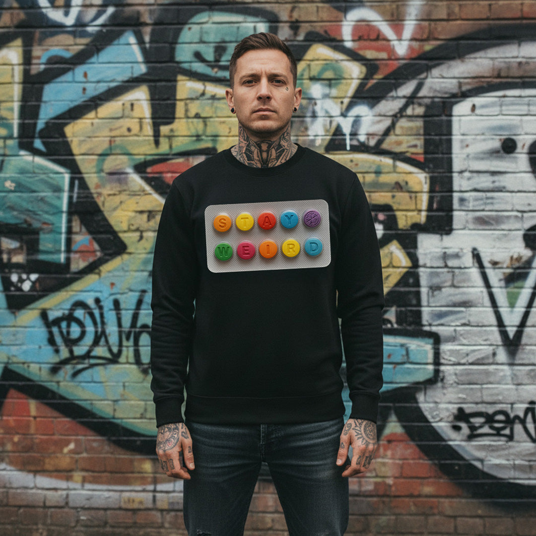 Black-Stay Weird Pills Sweatshirt from B.Different Clothing, male model, graffiti-inspired streetwear