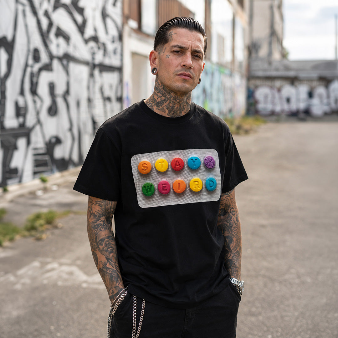 Black-Stay Weird Pills Tee from B.Different Clothing, male model, graffiti-inspired streetwear t-shirt