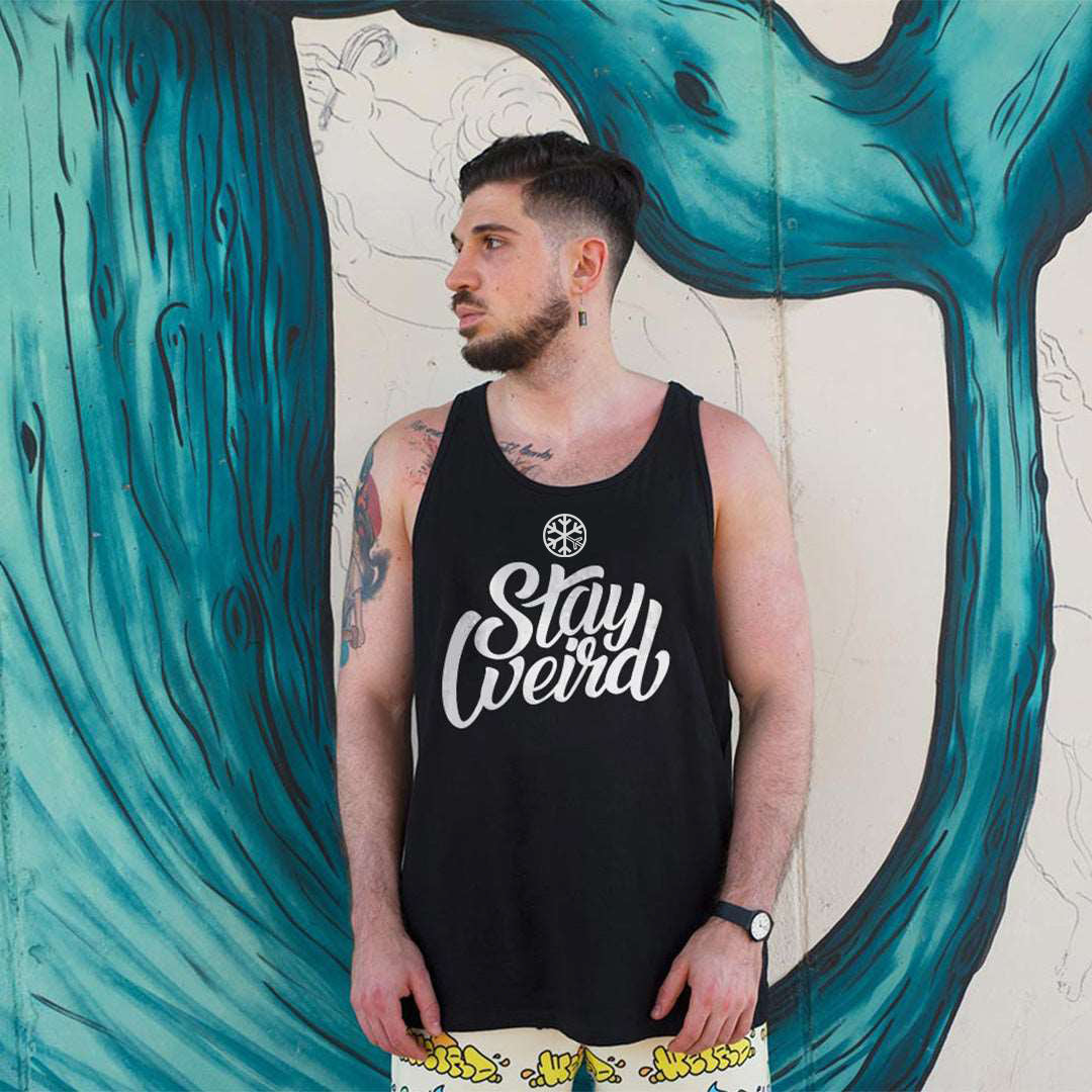 Black-Stay Weird Tank Top from B.Different Clothing, male model, graffiti-inspired streetwear