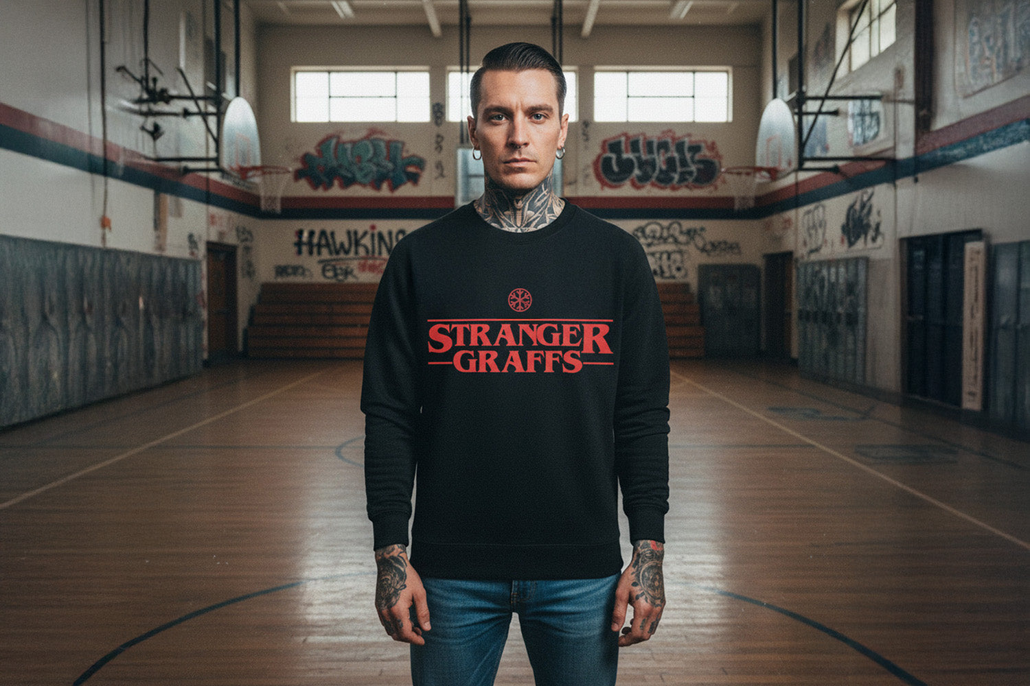 Man wearing Stranger Graffs Sweatshirt by B.Different Clothing, graffiti-inspired streetwear brand