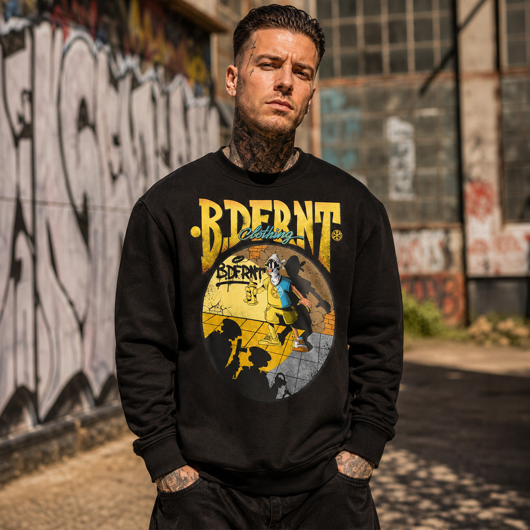 Black-Street Spotlight Graffiti Sweatshirt by Trk One from B.Different Clothing, male model, graffiti-inspired streetwear, oversized heavyweight
