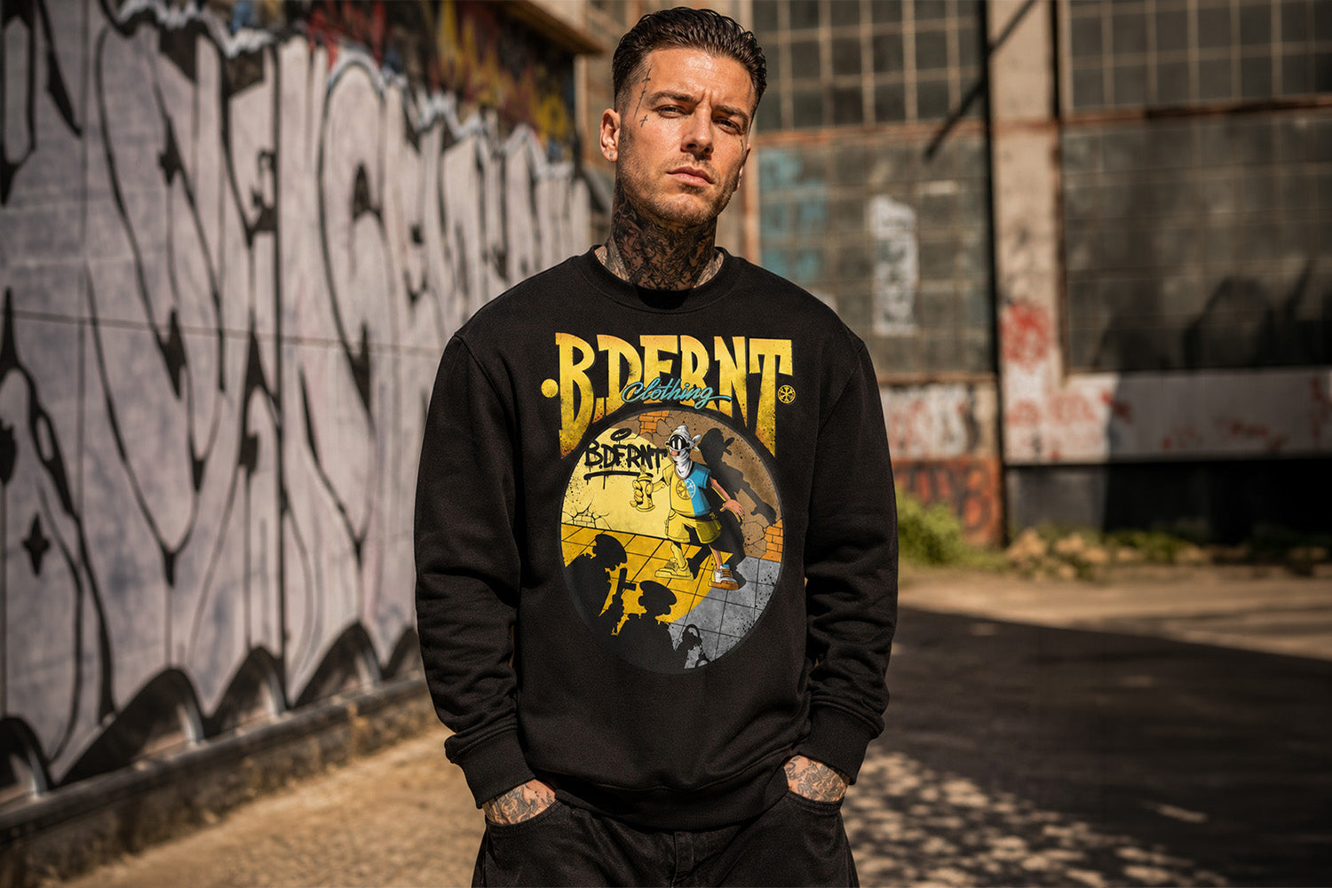 Man wearing Street Spotlight Graffiti Sweatshirt by Trk One from B.Different Clothing, graffiti-inspired streetwear