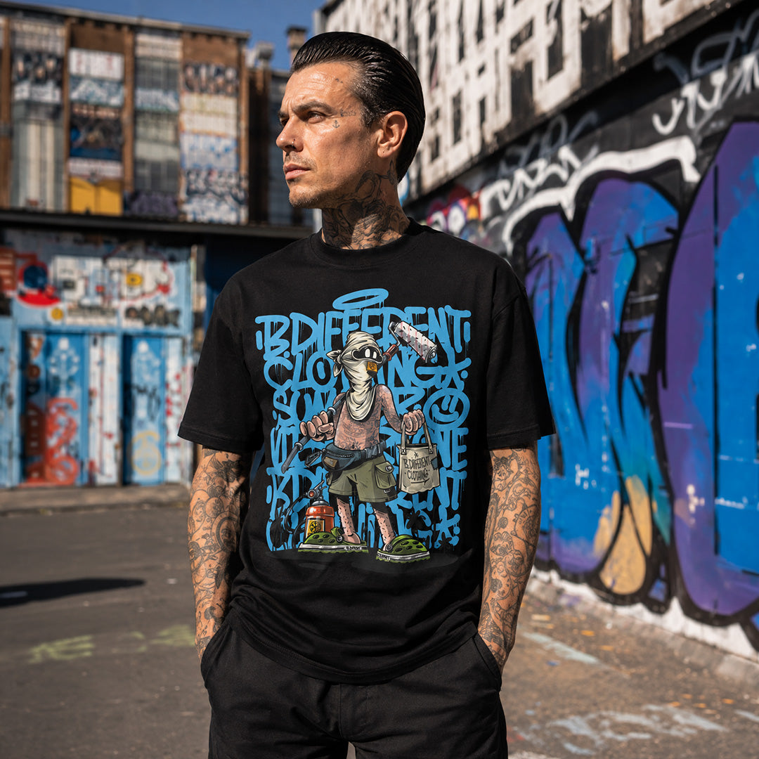 Black-Summer Graffiti Tee by Trk One from B.Different Clothing, male model, graffiti-inspired streetwear t-shirt