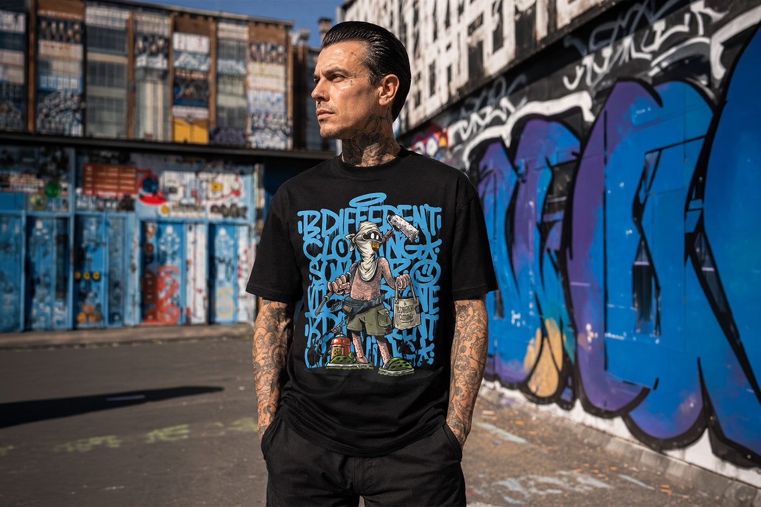 Man wearing Summer Graffiti Tee by Trk One from B.Different Clothing, graffiti-inspired streetwear