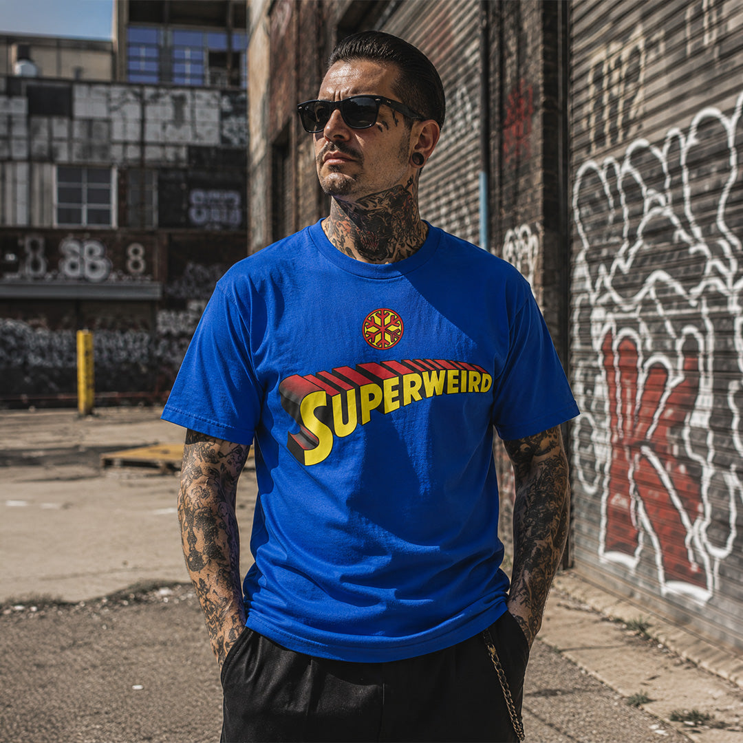 Blue-Superweird Tee from B.Different Clothing, male model, graffiti-inspired streetwear t-shirt