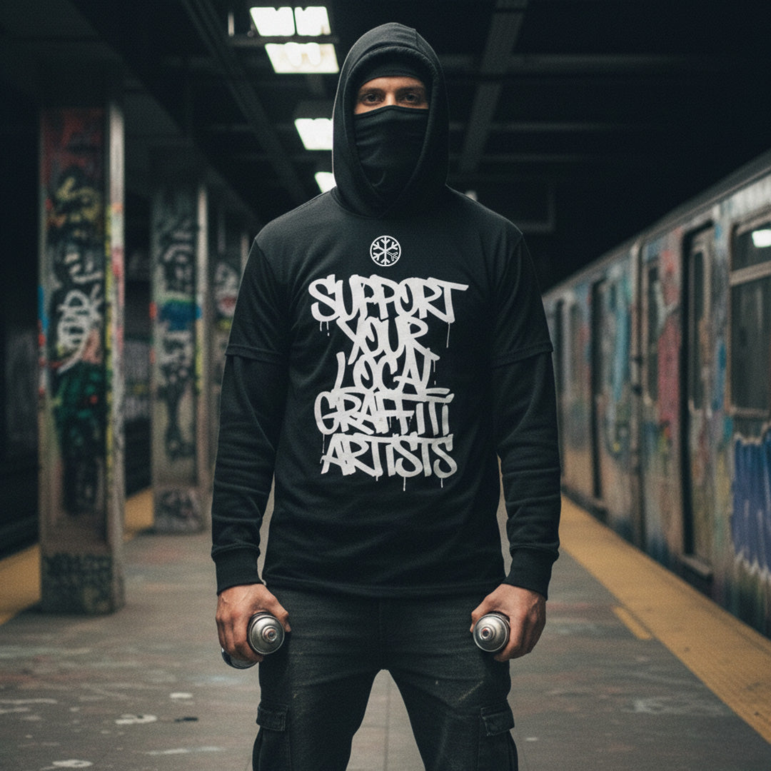 Black-graffiti artist wearing Support Your Local Graffiti Artists Tee from B.Different Clothing, graffiti-inspired streetwear t-shirt