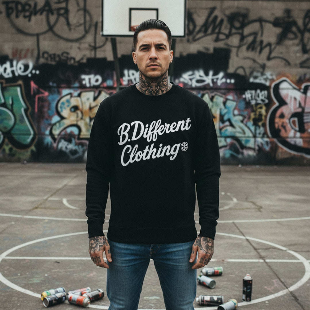 Black-The League Sweatshirt from B.Different Clothing, male model, graffiti-inspired streetwear
