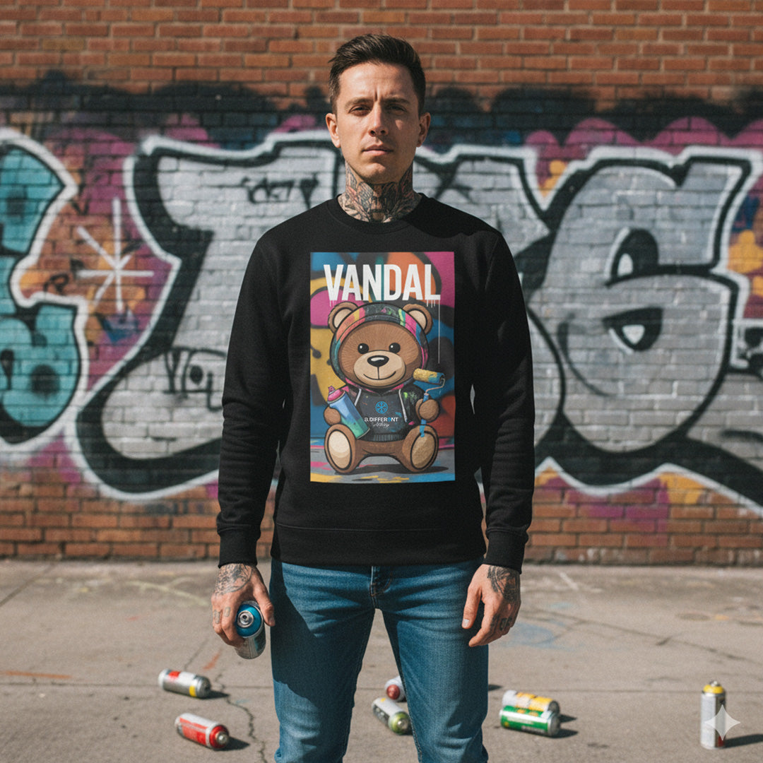 Black-Vandal Teddy Bear Graffiti Sweatshirt from B.Different Clothing, male model, graffiti-inspired streetwear